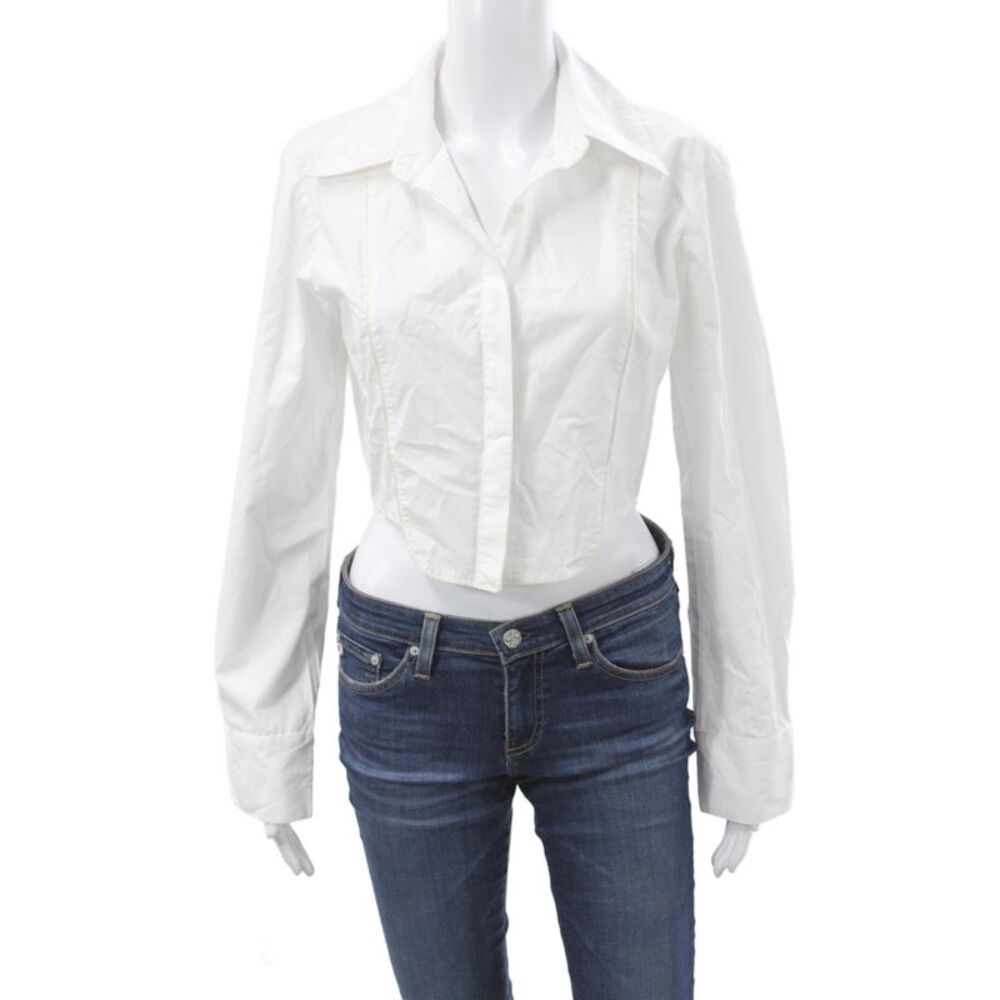 Saint Art Women Cropped Button-Up Collared White Cotton Long Sleeve Size M